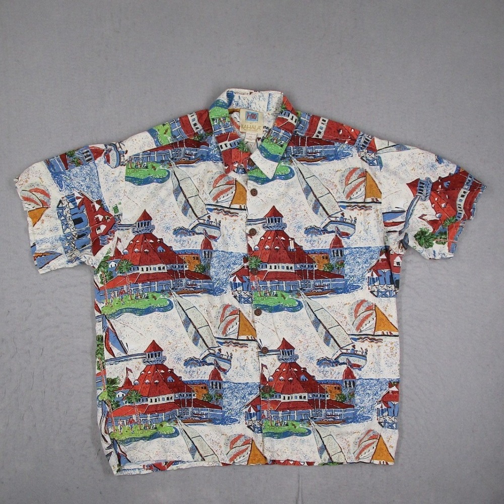Kahala Mens XL Hawaiian Shirt Rayon Sailboat Coastal Print Short Sleeve Blue Red